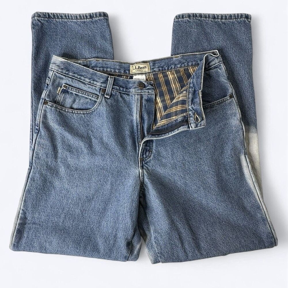 LL Bean Classic Fit Plaid Lined Jeans Mens 36 X 34 Cotton Bleached Denim Read